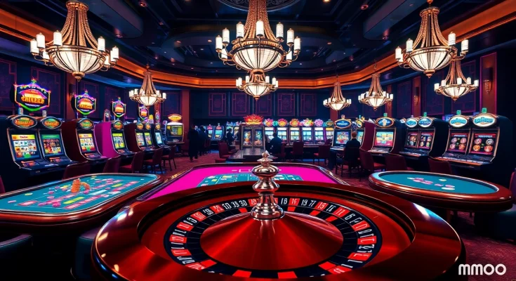 Exciting gaming atmosphere at MMOO casino showcasing vibrant tables and slot machines.