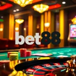 Experience the thrilling atmosphere of Bet88 with vibrant casino games and betting tables.