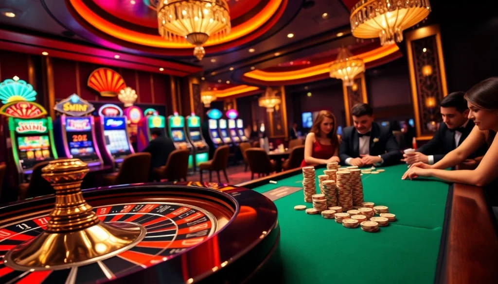 Exciting gambling scene showcasing players at OKFUN, vibrant roulette, and sparkling slot machines.