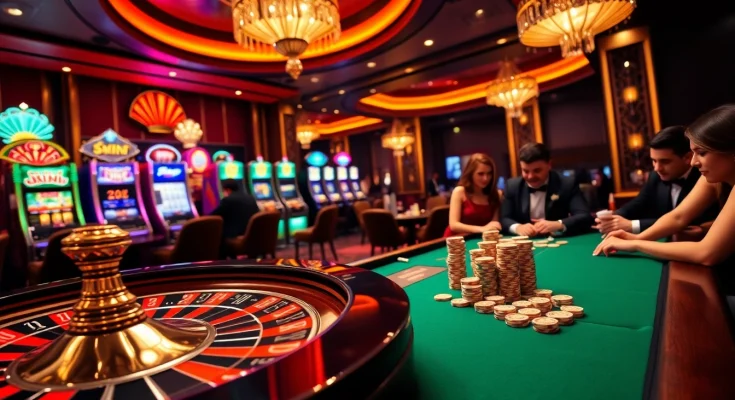 Exciting gambling scene showcasing players at OKFUN, vibrant roulette, and sparkling slot machines.
