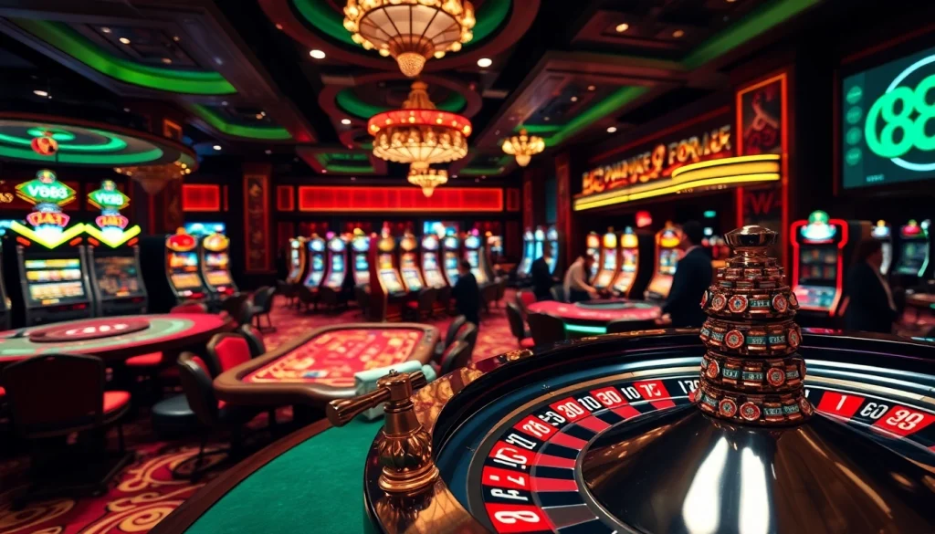Experience the excitement of V88 as players enjoy diverse gambling activities in a luxurious casino setting.