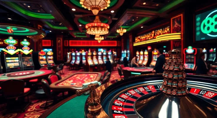 Experience the excitement of V88 as players enjoy diverse gambling activities in a luxurious casino setting.