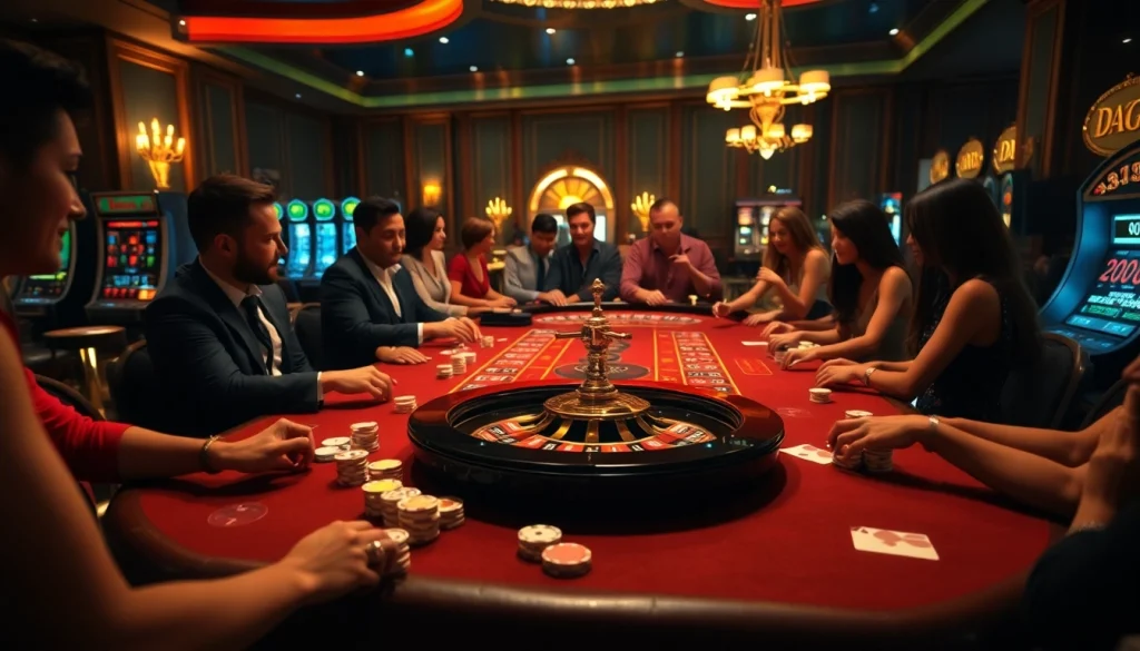Daga players enjoy high-stakes action at a luxurious casino poker table with vibrant atmosphere.