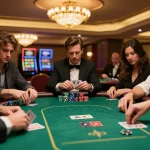 Sun Win poker players strategizing at an upscale table, chips stacked and cards in hand.