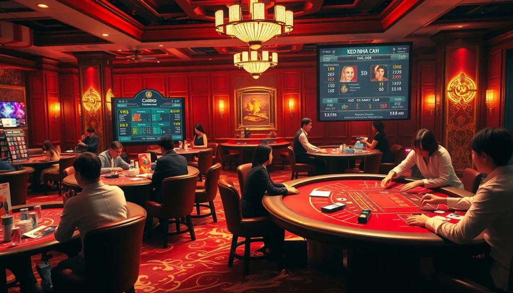 Kèo Nhà Cái players engaging in vibrant casino action, with tables and live betting interfaces.