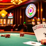 Experience high-stakes gaming at u888 with poker chips and cards in an elegant casino setting.