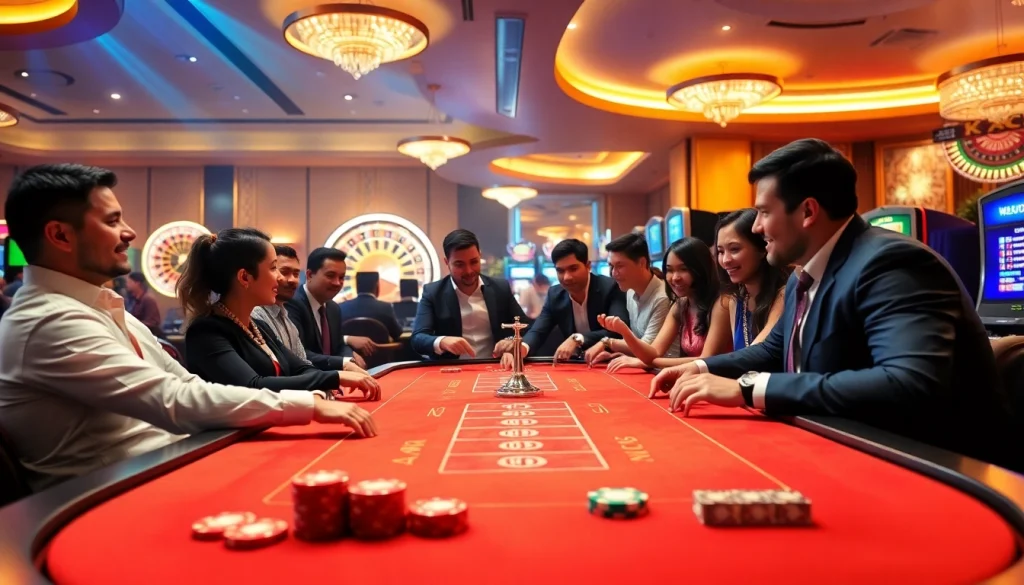 Experience high-stakes action at https://mm88-mm888.com/ with excited players by a modern casino table and roulette wheel.