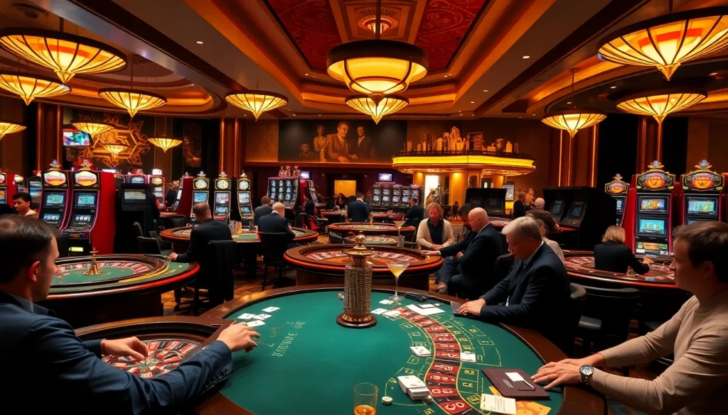 Players engaging with casino tables at https://c168.ltd/ showcasing vibrant slot machines and poker action.