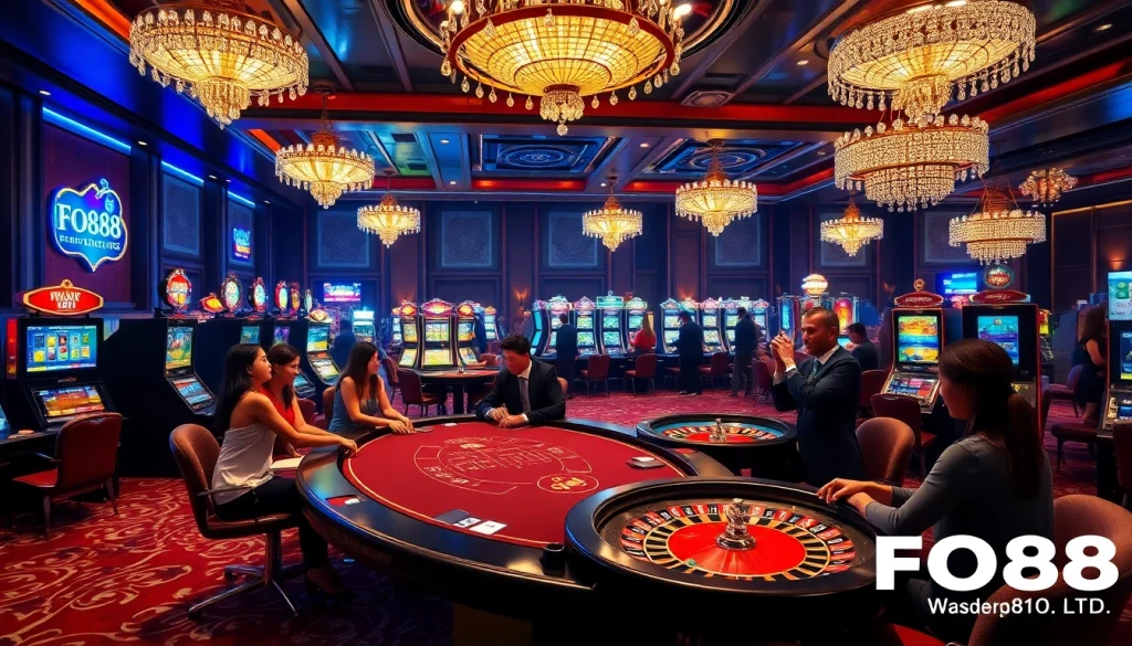 Experience the thrill of FO88.LTD with vibrant casino gaming, lively players, and luxurious design elements.