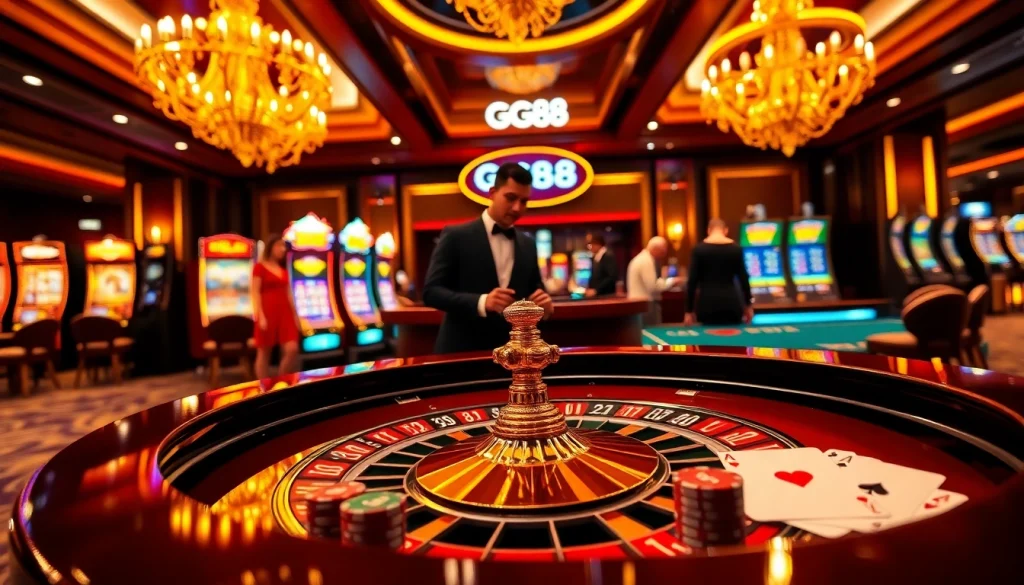 Betting at GG88 casino with luxurious roulette table and vibrant slot machines