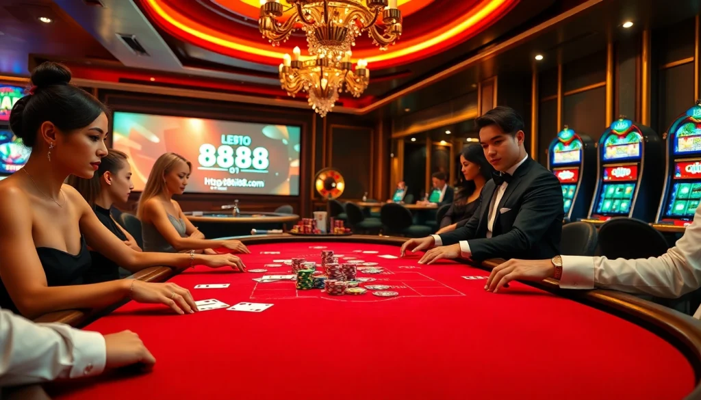 Engaging poker players at a luxurious casino highlighting https://88ii88.com/ with vibrant atmosphere and professional dealer.
