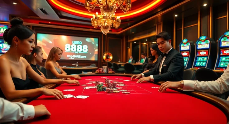 Engaging poker players at a luxurious casino highlighting https://88ii88.com/ with vibrant atmosphere and professional dealer.