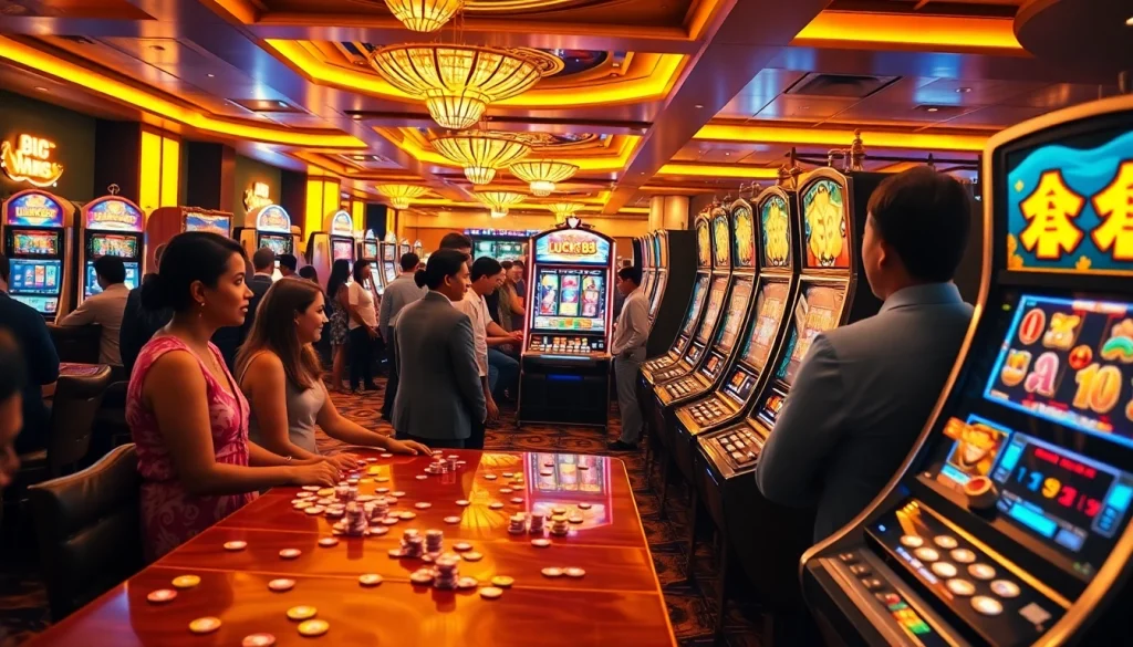 Players celebrating big wins at the Lucky88 slot machines in a vibrant casino atmosphere.