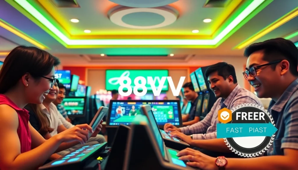 Engaged players enjoying the 88vv gaming platform with vibrant colors and modern technology.
