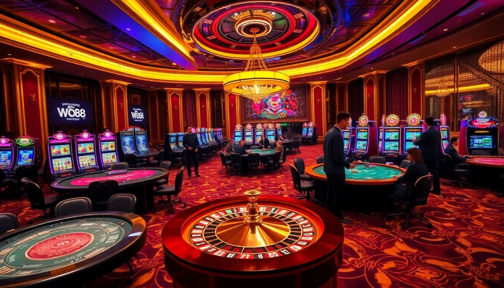 W88 casino scene featuring engaged players at poker tables and vibrant slot machines.