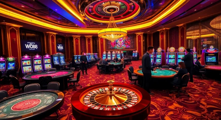 W88 casino scene featuring engaged players at poker tables and vibrant slot machines.