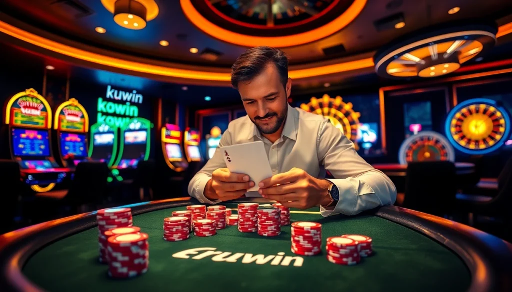 Kuwin offers thrilling gambling experiences with an engaging poker game table and digital betting interface.