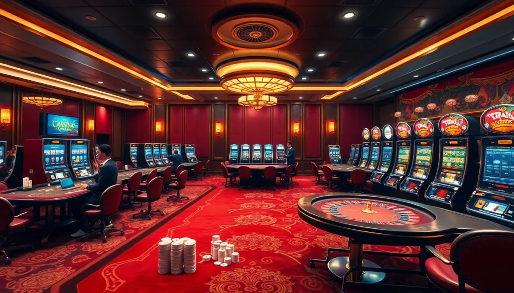 Exciting casino atmosphere showcasing fun79 with players at various gambling tables.