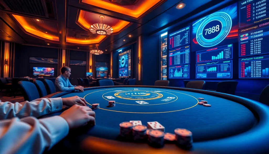 Engaging scene of players at a 789bet online poker table with vibrant casino lights.