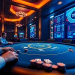 Engaging scene of players at a 789bet online poker table with vibrant casino lights.