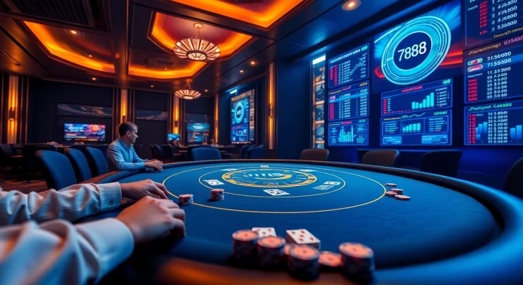 Engaging scene of players at a 789bet online poker table with vibrant casino lights.