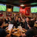 Fans eagerly tracking kết quả bóng đá at a lively sports bar, showcasing betting excitement and game analysis.