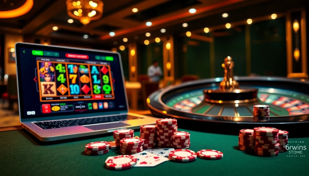 Experience thrilling gambling action at https://www.6rwin33.com/ with vibrant poker chips and illuminated roulette wheel.