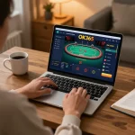 Playing poker on https://ok365.best/ using a laptop, with strategic notes in a cozy home office.