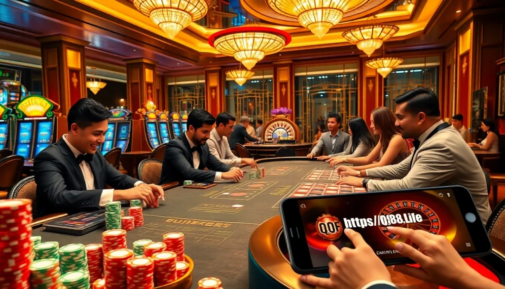 Engaging in thrilling gameplay at https://qq88.life with colorful poker chips and dynamic casino elements.
