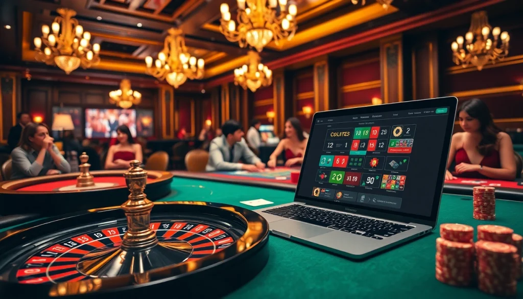 Players engage enthusiastically at an elegant MM88 online casino table in a vibrant atmosphere.