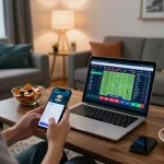 Person placing live bets on SHBET app, engaged in sports wagering from a cozy living room