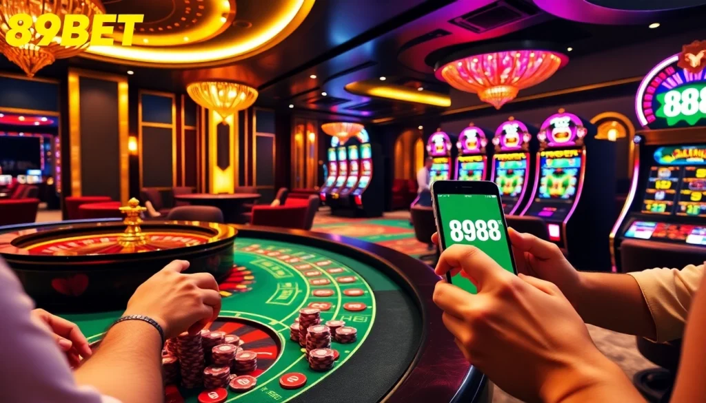 Experience thrilling gameplay at 89BET with vibrant casino visuals of slot machines and roulette tables.