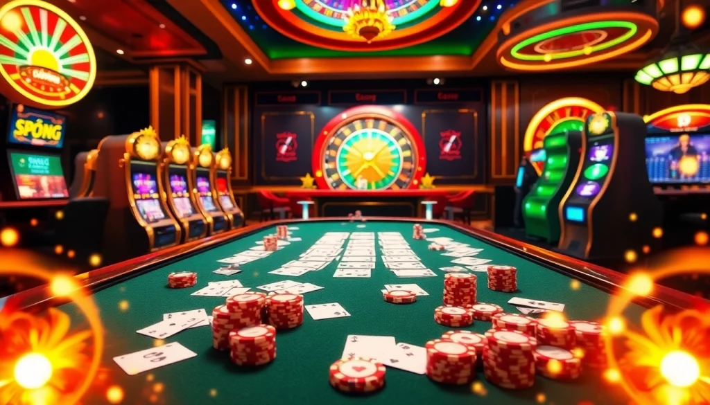 Experience Game Bài Đổi Thưởng excitement at a luxurious casino table with vibrant poker chips and cards.