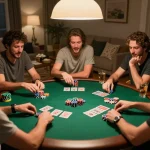 Friends enjoy a home poker night at hitclub with colorful chips and warm lighting.