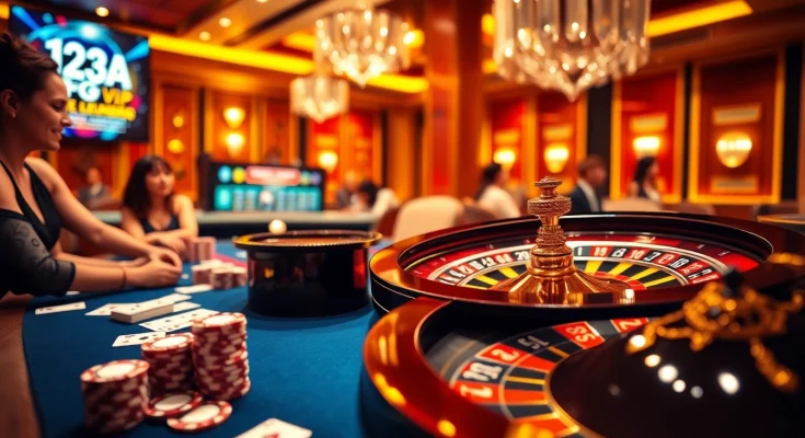 Engage with the vibrant 123GA VIP gaming experience featuring high-stakes poker tables and roulette.