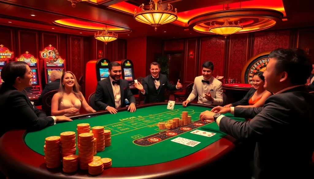 Engage in the exciting tr88 game at a glamorous casino featuring vibrant poker tables and stylish slot machines.