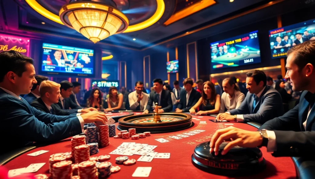 Experience xem trực tiếp in a high-stakes casino scene with vibrant players at tables and live betting screens.