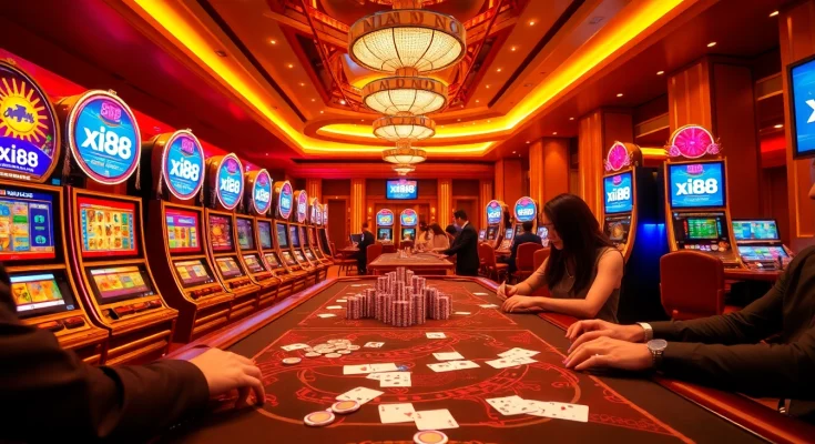 Excited players at an upscale casino table featuring xin88 branding and luxury gaming elements.