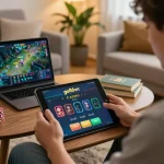 Player engaging with the go86vn app, placing bets in a cozy home setting, showcasing online casino excitement.