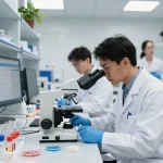 Innovative lab focused on MB66 research with scientists analyzing antiviral solutions.
