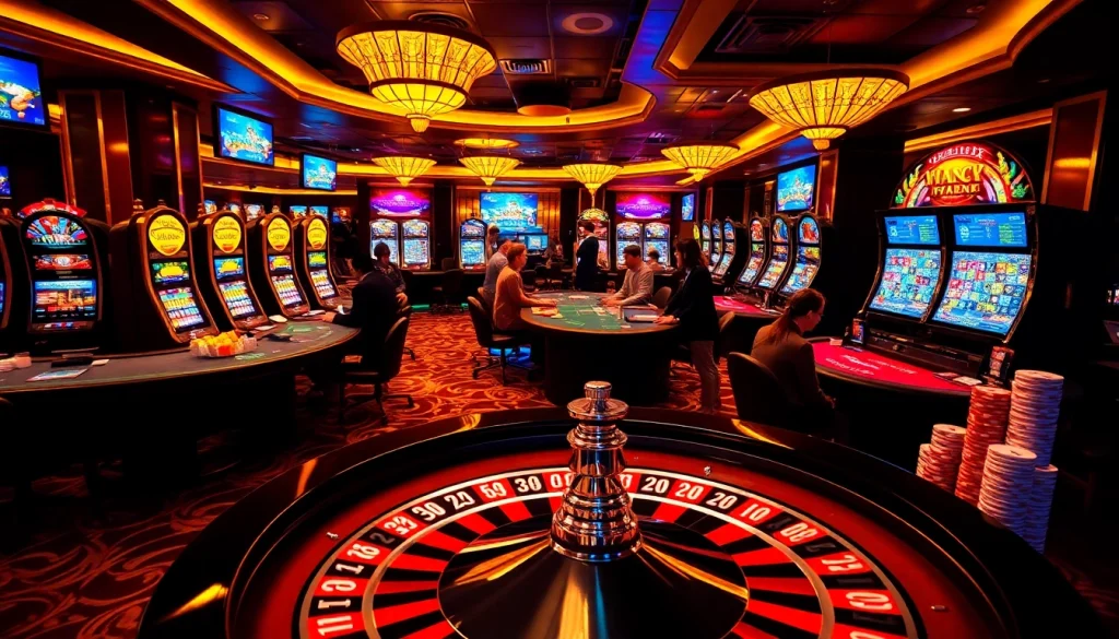 Exciting casino scene showcasing https://uu88.co.uk/ with players at poker tables and colorful slot machines.