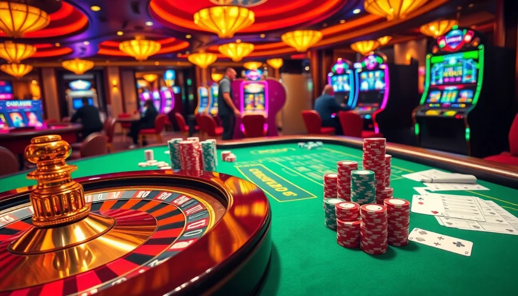 8day casino scene with roulette, poker chips, and vibrant slot machines.