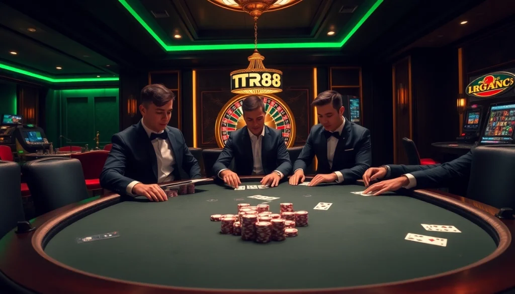 Engage in high-stakes gameplay at TR88's luxurious casino, showcasing poker action and excitement.