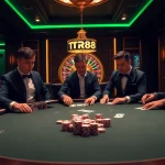 Engage in high-stakes gameplay at TR88's luxurious casino, showcasing poker action and excitement.