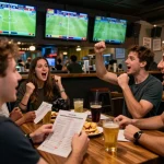 Kết quả bóng đá displayed on multiple screens, friends excitedly placing bets at a sports bar