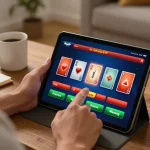 Pemain menikmati gaming online di tablet MejaVIP, diatur dalam lingkungan rumah yang nyaman dan mengundang.