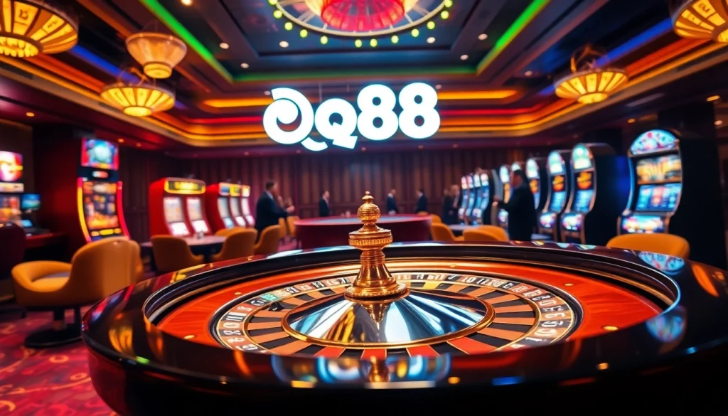 Players enjoy thrilling games at iq88's vibrant casino tables with poker chips and roulette wheels.