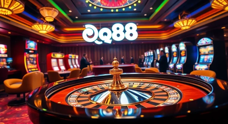 Players enjoy thrilling games at iq88's vibrant casino tables with poker chips and roulette wheels.