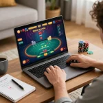 Engaging in online poker at home on https://lu88.jpn.com/, showcasing a cozy and responsible gaming atmosphere.