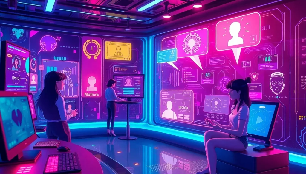 Imagining the future of nsfw ai in a vibrant digital landscape with interactive tech elements.